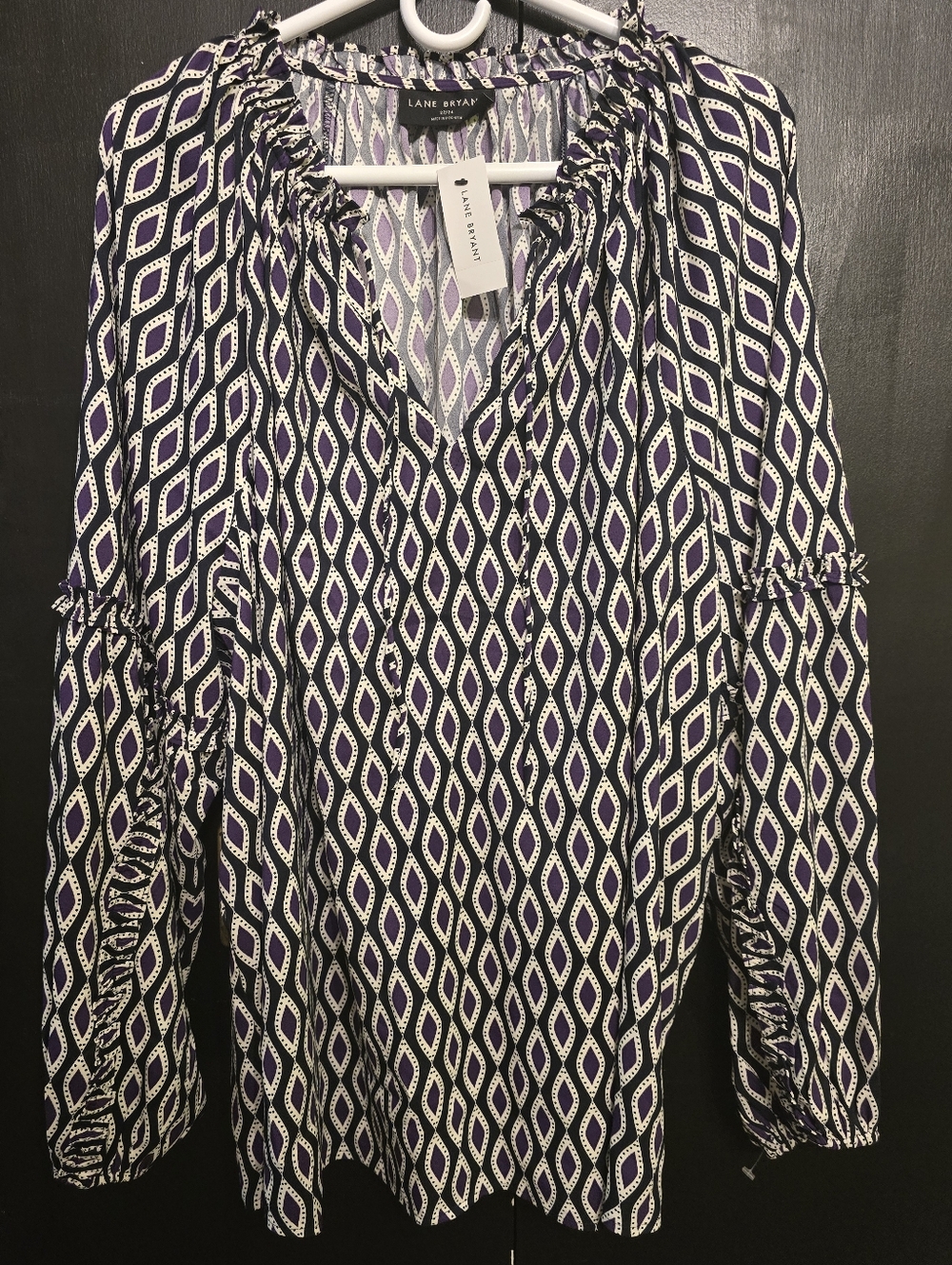 New With Tags Lane Bryant Purple and White Geometric Peasant Blouse Size 22/24